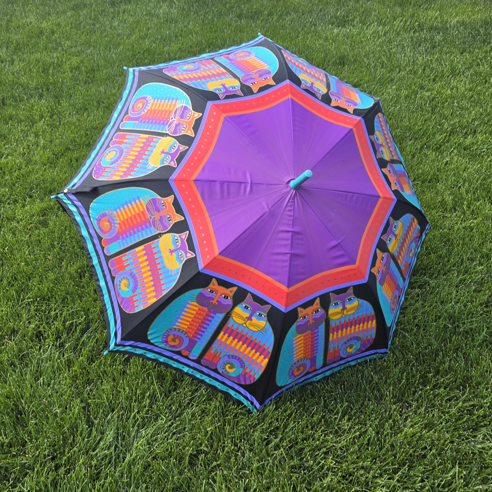 Vintage Cats Laurel Burch Cat Umbrella Top Turquoise Hook Handle 1990s Colorful