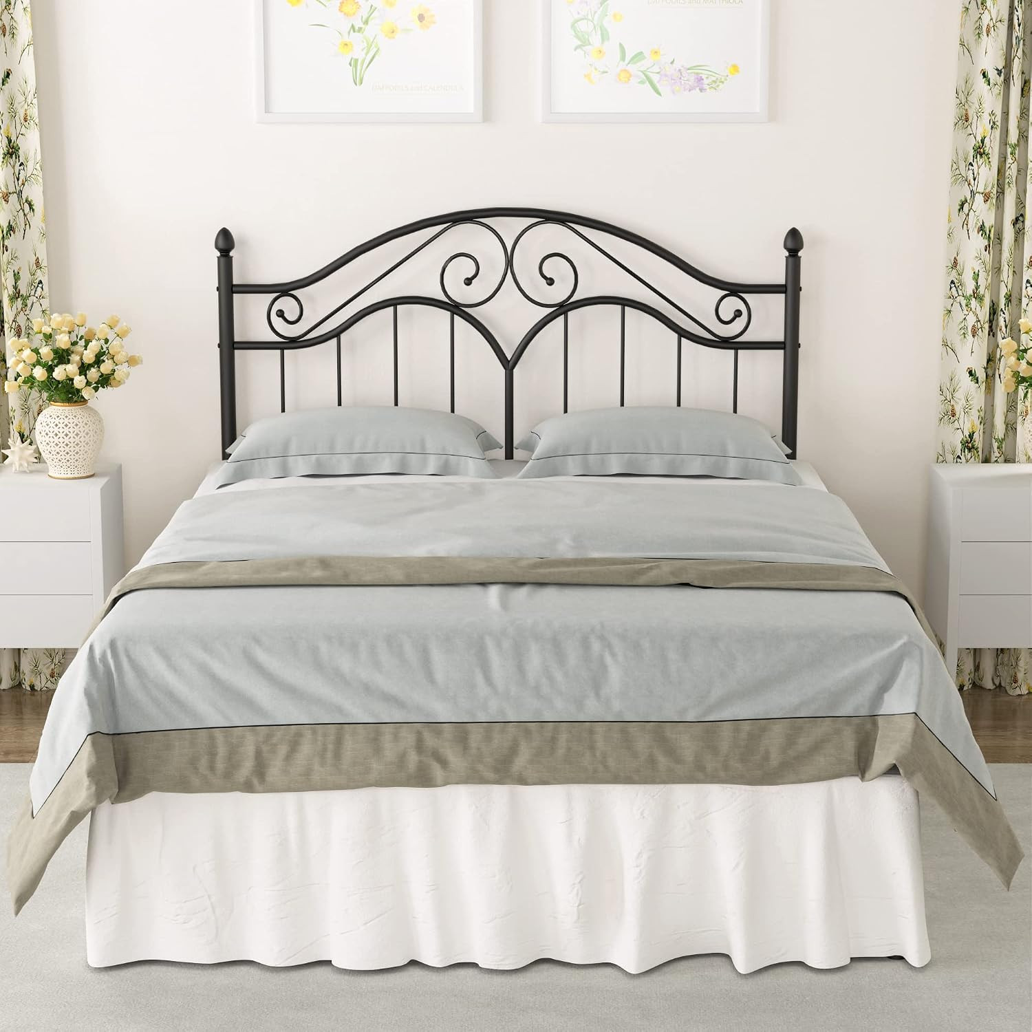 Queen Size Metal Bed Frame with Vintage Headboard Platform Bed | 11-Inch Storage