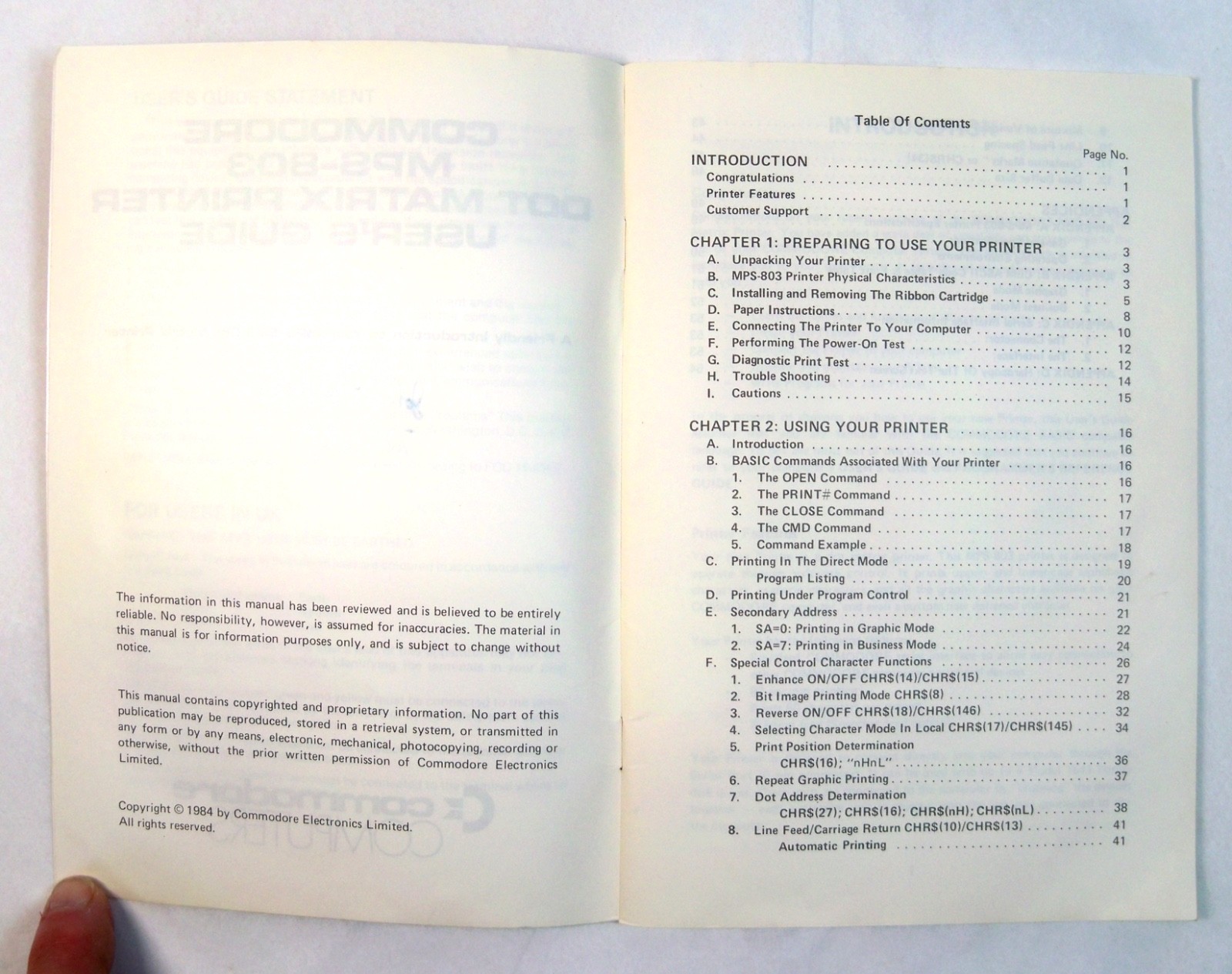COMMODORE MPS-803 DOT MATRIX PRINTER USER'S GUIDE 1984
