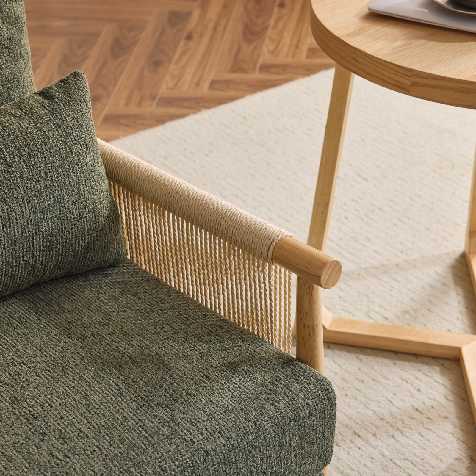 LEADZM Braid Accent Chair, Mid-Century Armchiar with Natural Oak Wooden Armrest