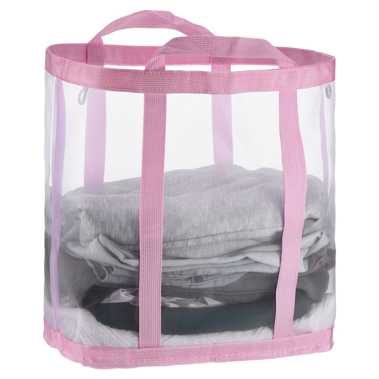 Collapsible Basket Mesh Hamper with Handles Foldable Bag Pink Large