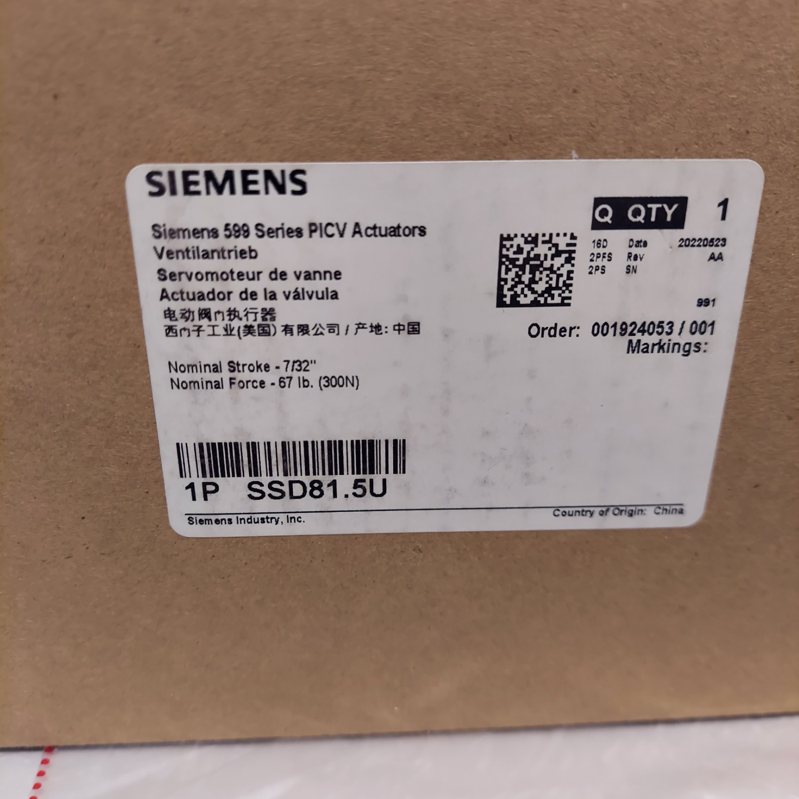 SIEMENS 232-04321-1 599 SERIES PICV ACTUATOR SSD81.5U & VALVE 599-04321-1  NEW