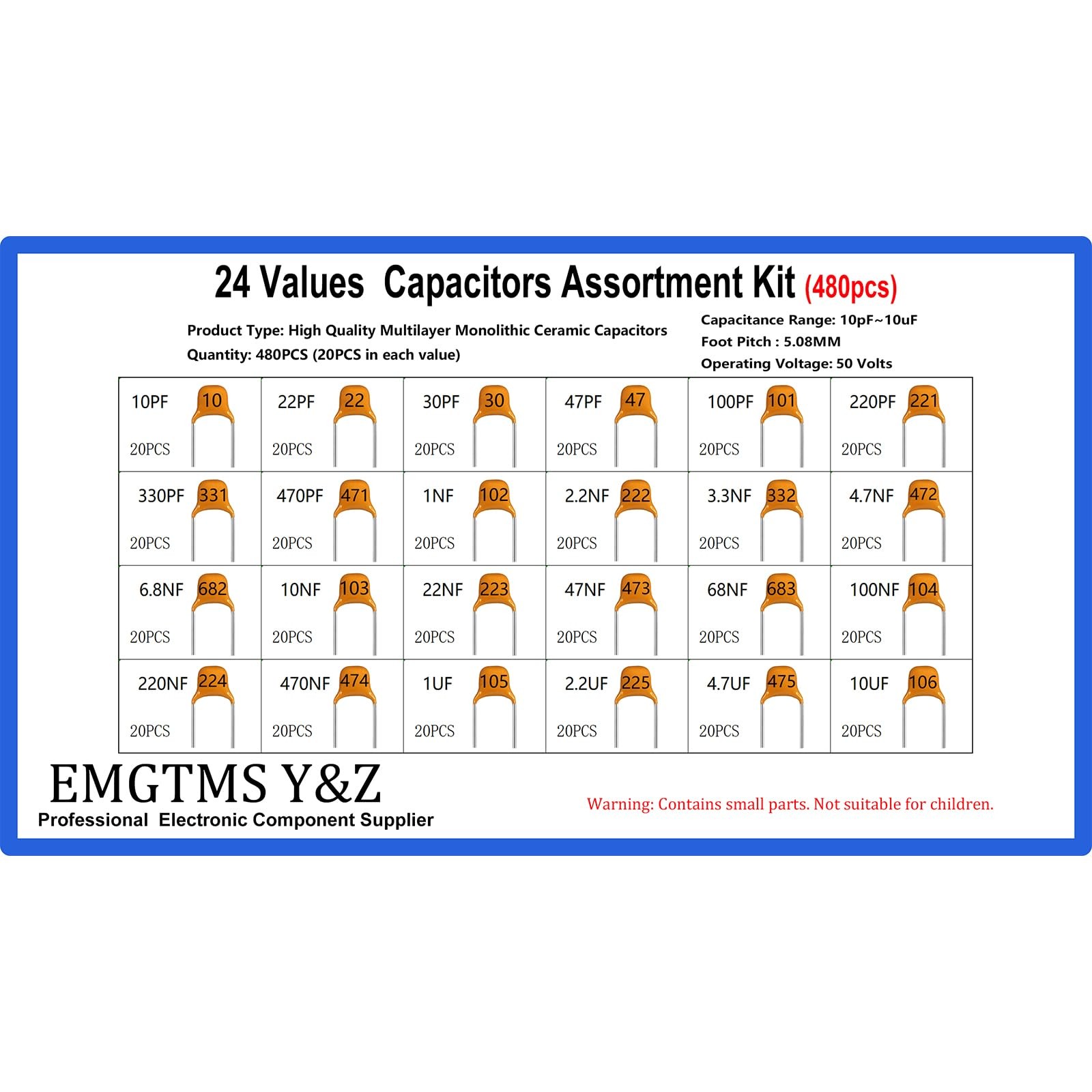 24 Values 480pcs Multilayer Monolithic Ceramic Capacitor Assortment Kit, 10pF...