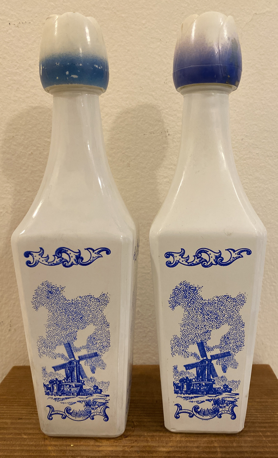 Set Of Two VTG Vandermint Glass Liquor Bottle Delft Blue Windmills  9.5" Empty