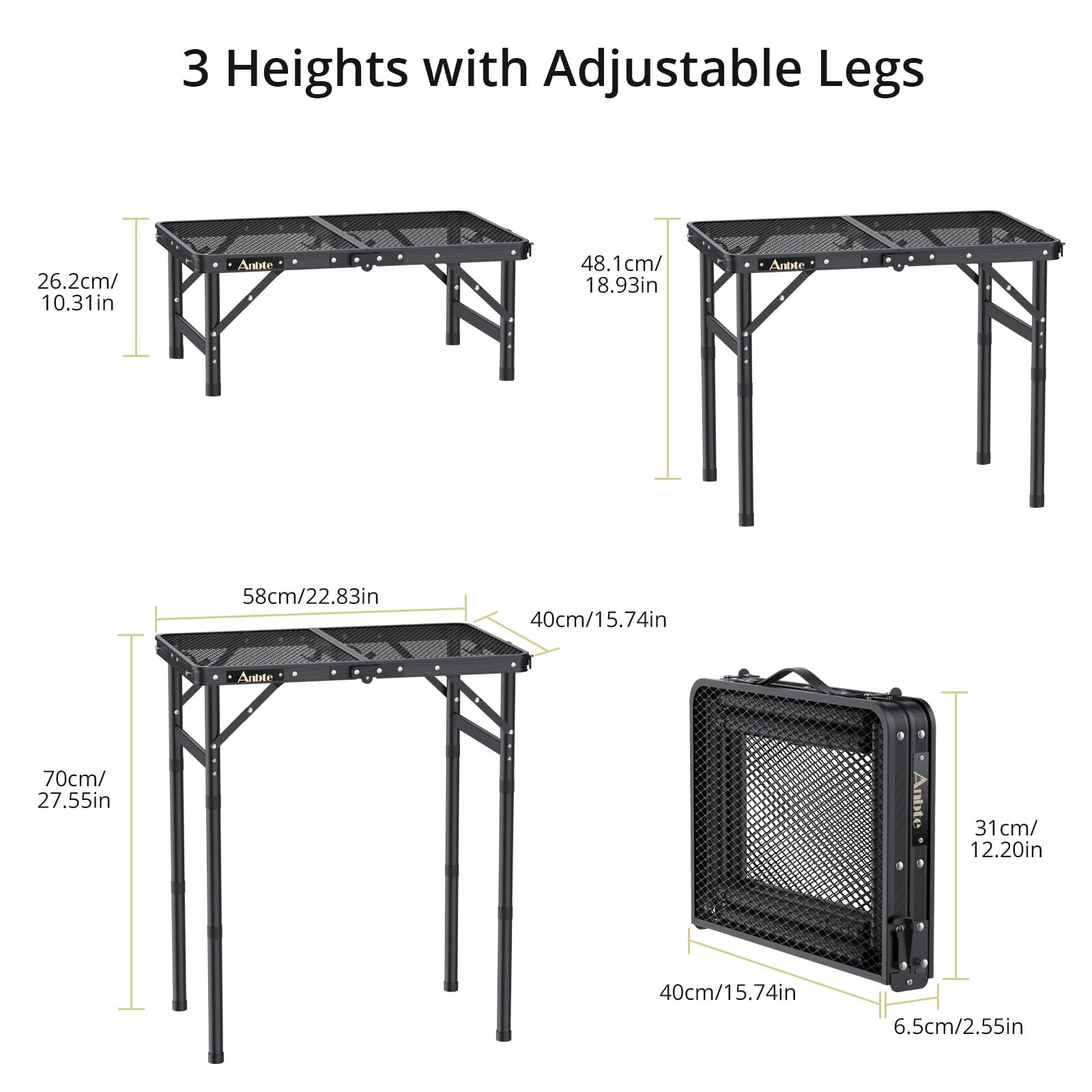 Folding Grill Table, Aluminum Camping Table Adjustable Height Max 27.5" Picni...