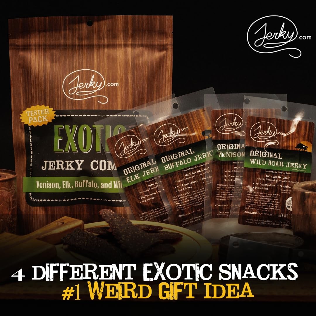 Exotic Jerky Variety Pack | 4pc Wild Game Snacks Sampler with Venison, Elk, B...