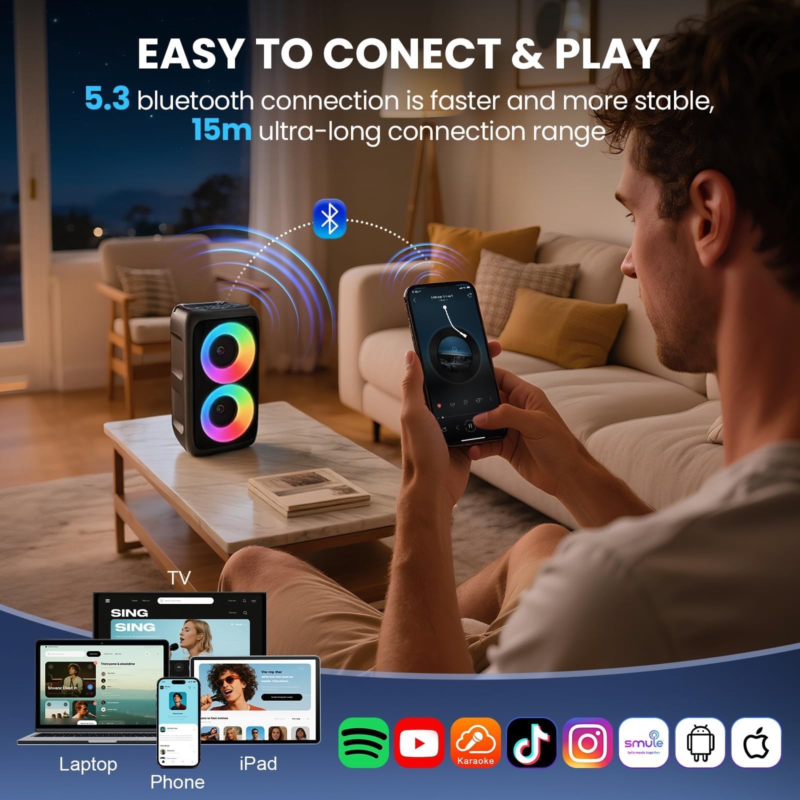 Wireless Bluetooth Speaker with 2 Microphones - Portable Karaoke Party System wi