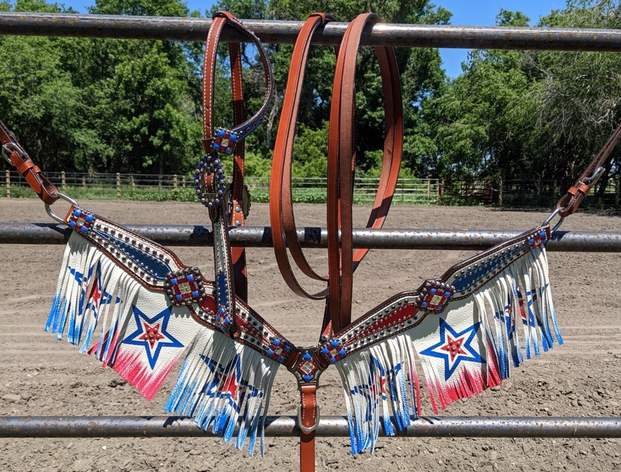 Patriotic Red White Blue Headstall, Reins Fringed Breastcollar Set with Stars