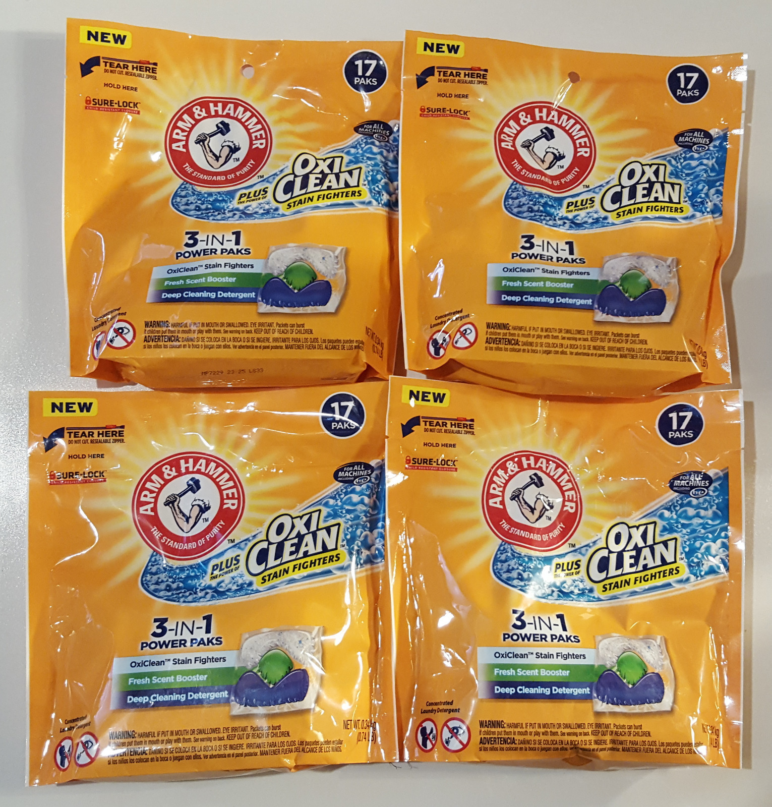 LOT OF 4 ARM & HAMMER - OXI CLEAN 3 IN 1 POWER PACS 17 PAKS (68 Total Paks)