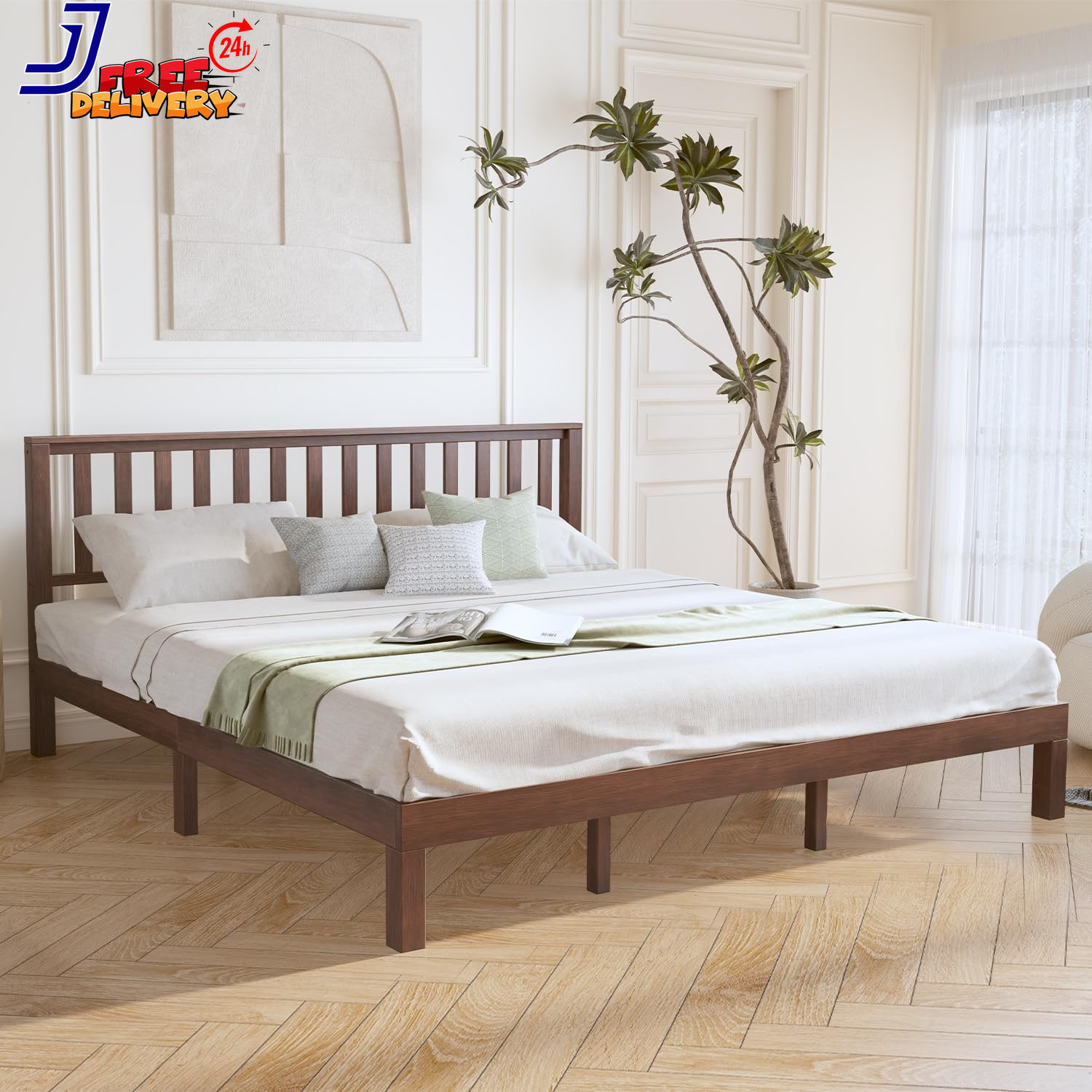 King Size Bed Frame and Headboard Mid Century Modern Platform Bed Solid Wood