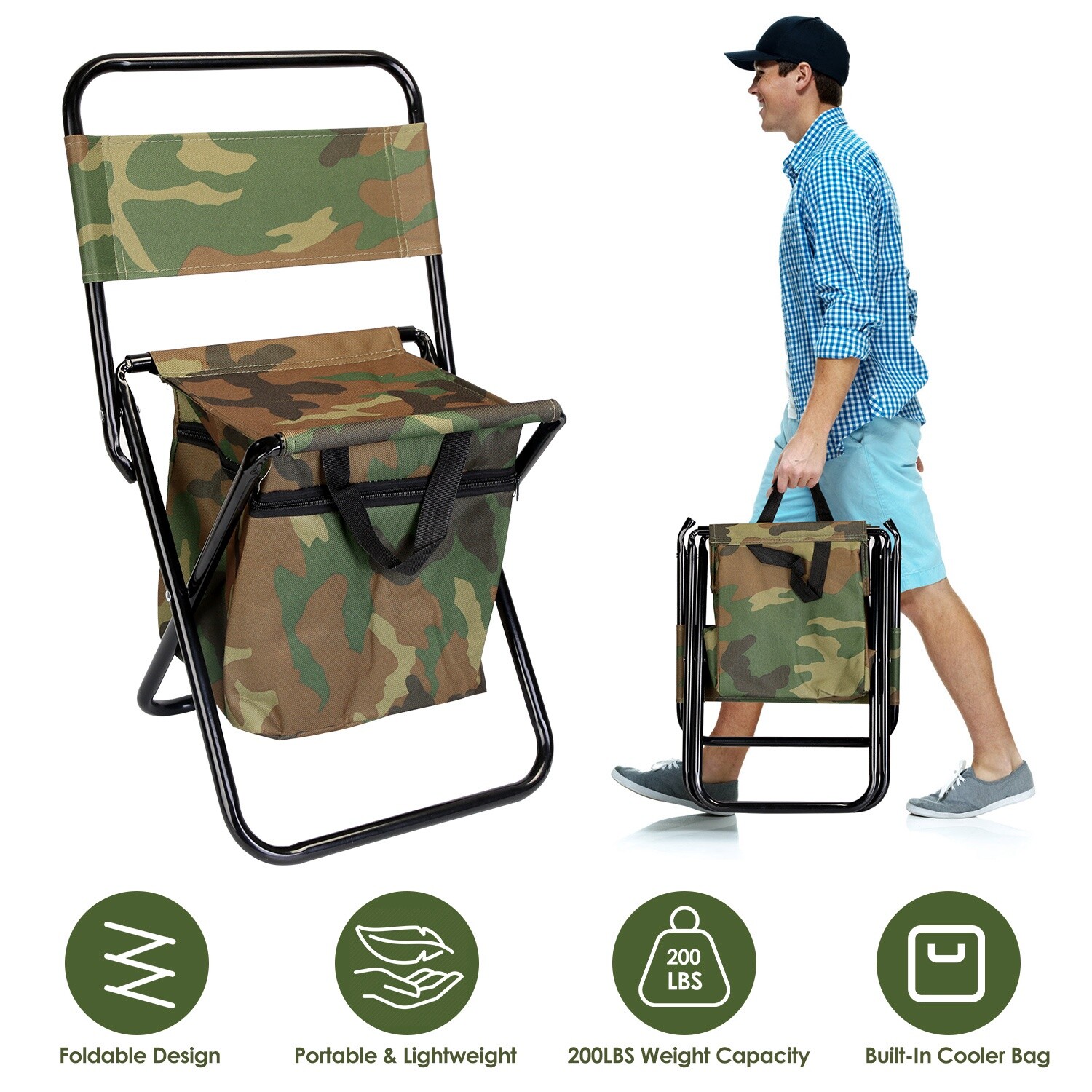 Foldable Camping Chair w/ Cooler Bag Compact Folding Stool Seat w Backrest Stool