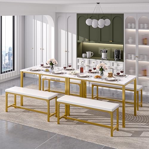 3-Piece 63" Extendable Kitchen Table with Benches/Chairs, Modern White
