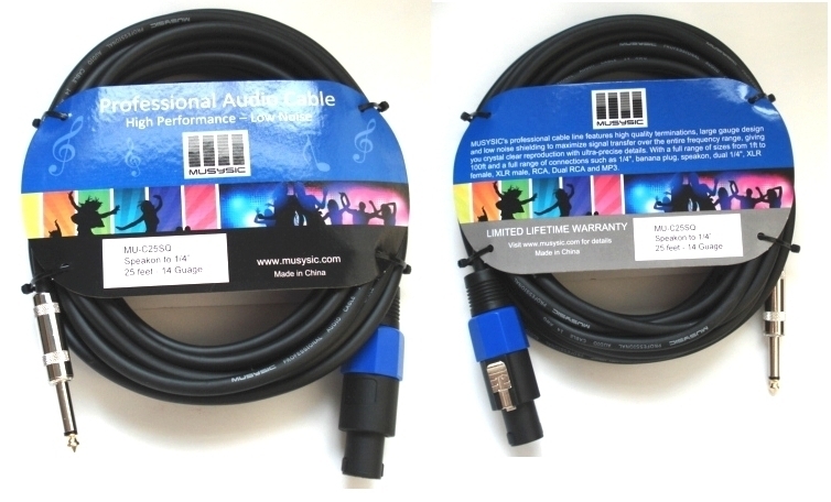 MUSYSIC MU-C25SQ Cable Pair – 25ft 1/4" TS to Speakon, 14AWG Heavy Duty Speaker