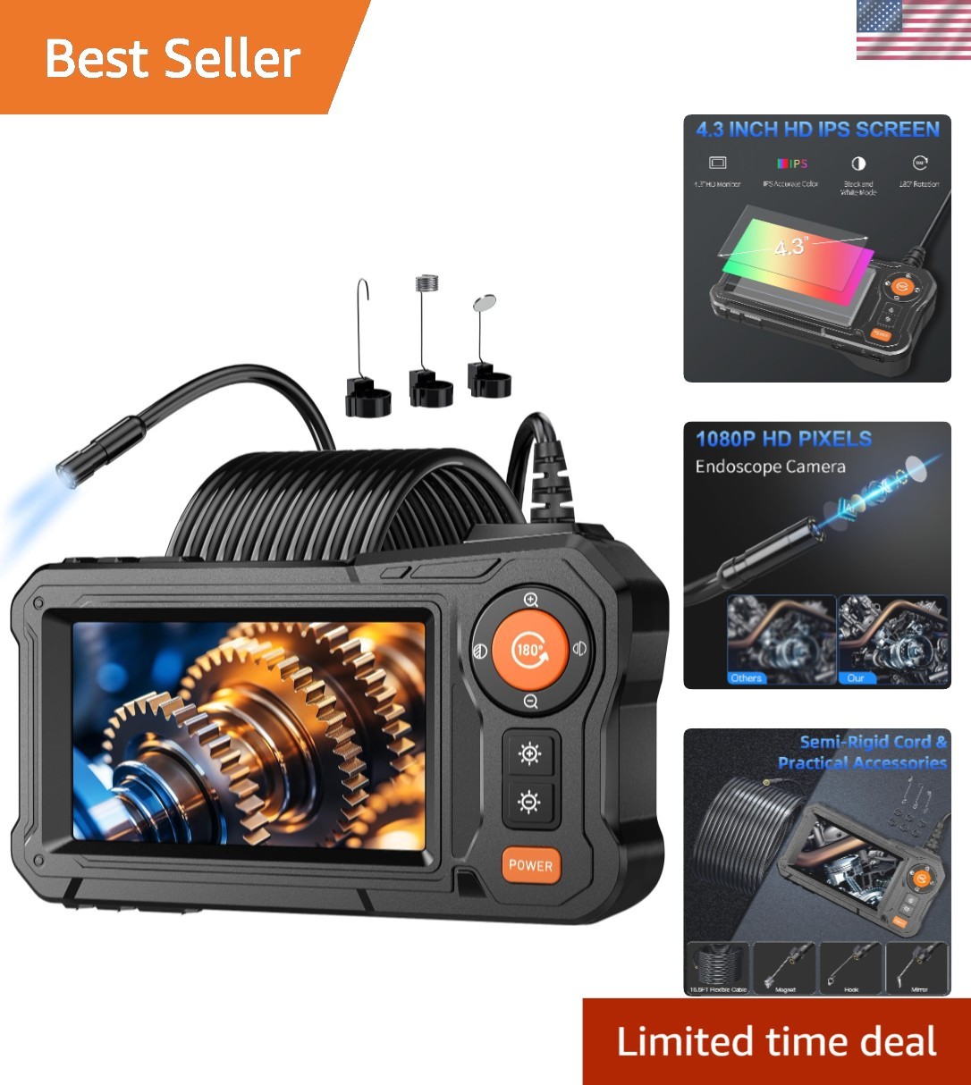 180° Rotating Endoscope with 8 Adjustable LED Lights - Perfect for Inspections