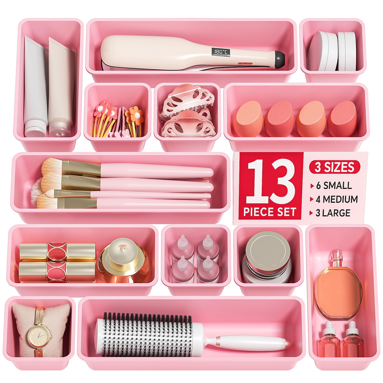 Canfanni 13 Pack Plastic Drawer Organizers Set, 3 Sizes Desk Pink
