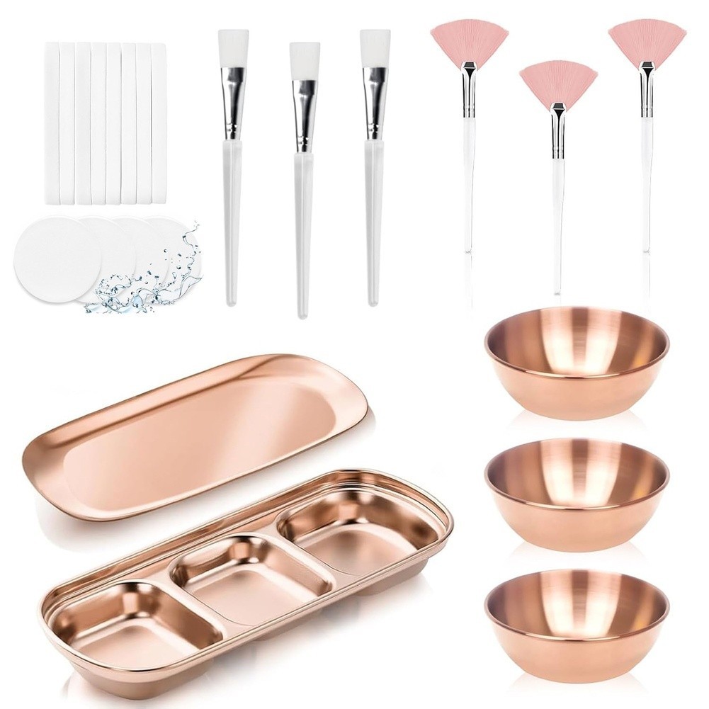 Premium 23pc Skincare Set with Rose Gold Bowls 6 Brushes 12 Sponges and Trays