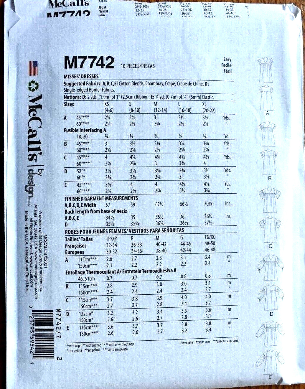 MCCALLS PATTERN 7742 DRESSES MISSES SIZES LARGE XLARGE UNCUT NEW