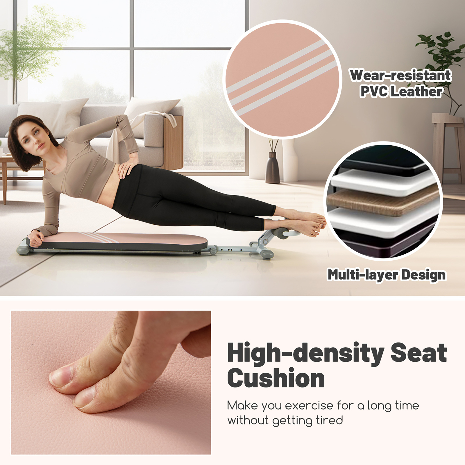 Multifunctional Sit Up Bench w/3 Gear Adjustable Angles & Adjustable Length Pink