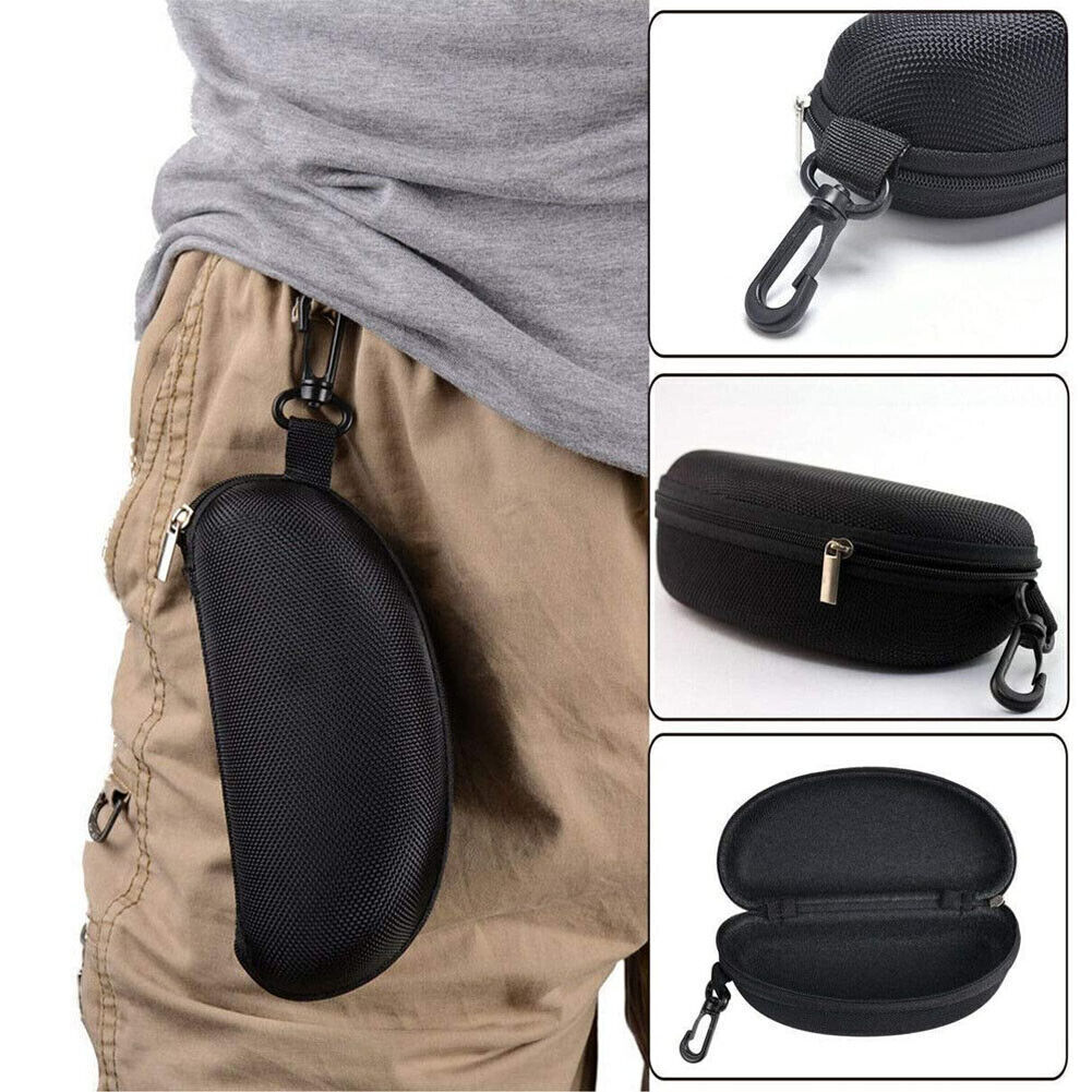 2PCS Portable Sunglasses Eyeglasses Case Zipper Hard Shell Box With Clip Black