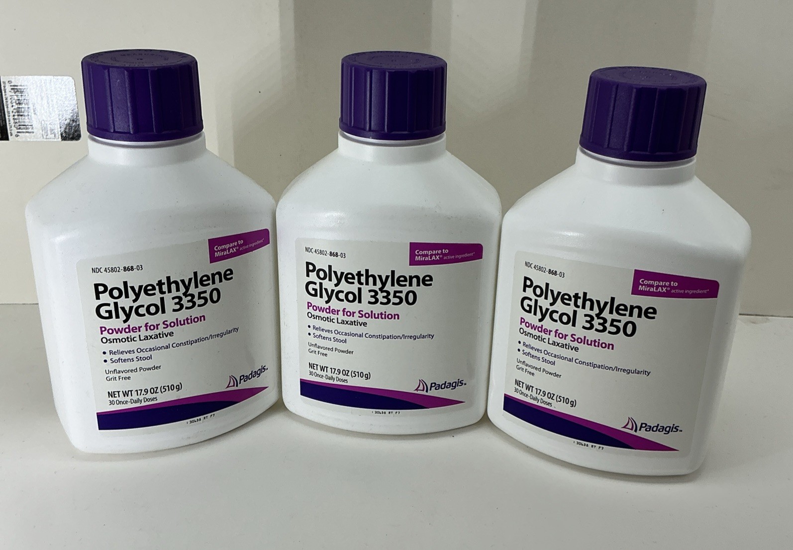 3-Pack Polyethylene Glycol 3350 Powder -NDC45802-03 17.9oz Sealed