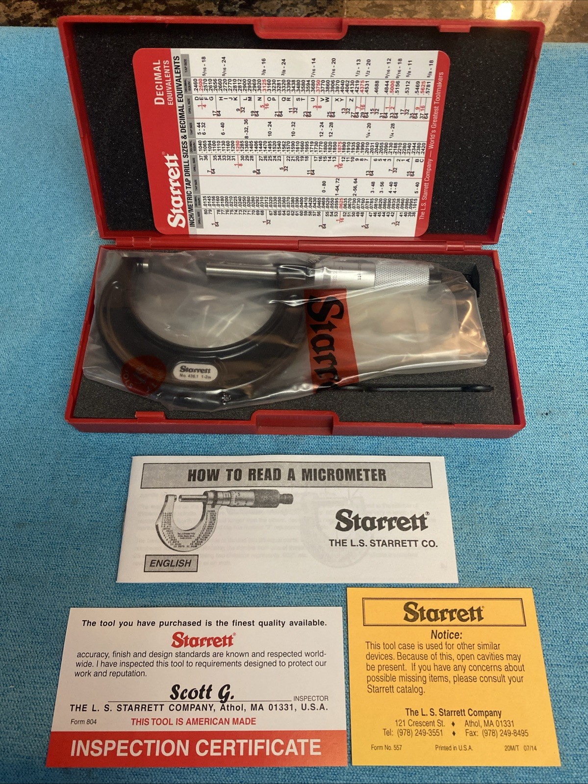 STARRETT 436.1RL-2 1-2" OUTSIDE MICROMETER RATCHET STOP THIMBLE MACHINIST TOOLS