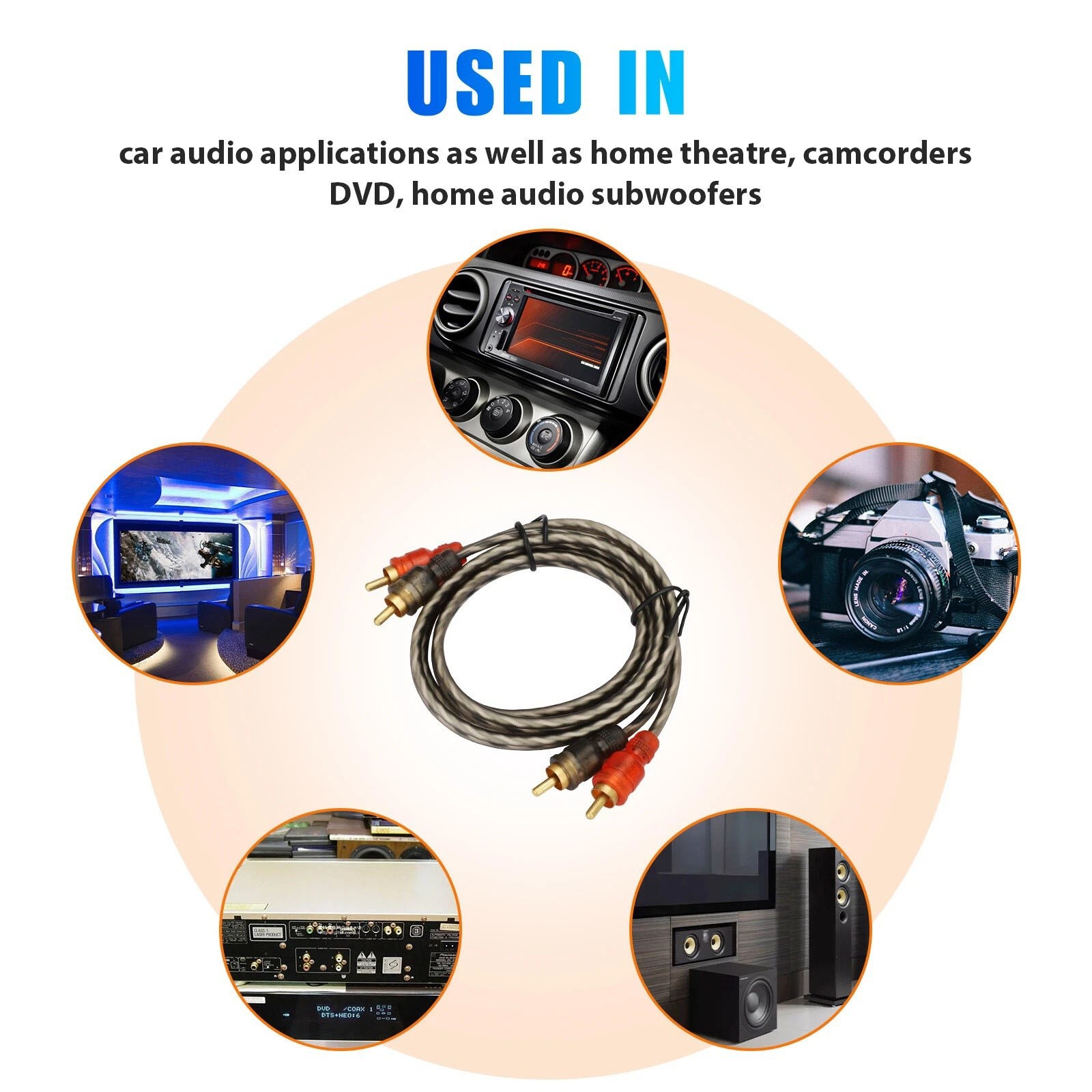 Durable 2PCS RCA Cables 2 Channel Twisted 4Ft Audio Interconnect Amp Cable