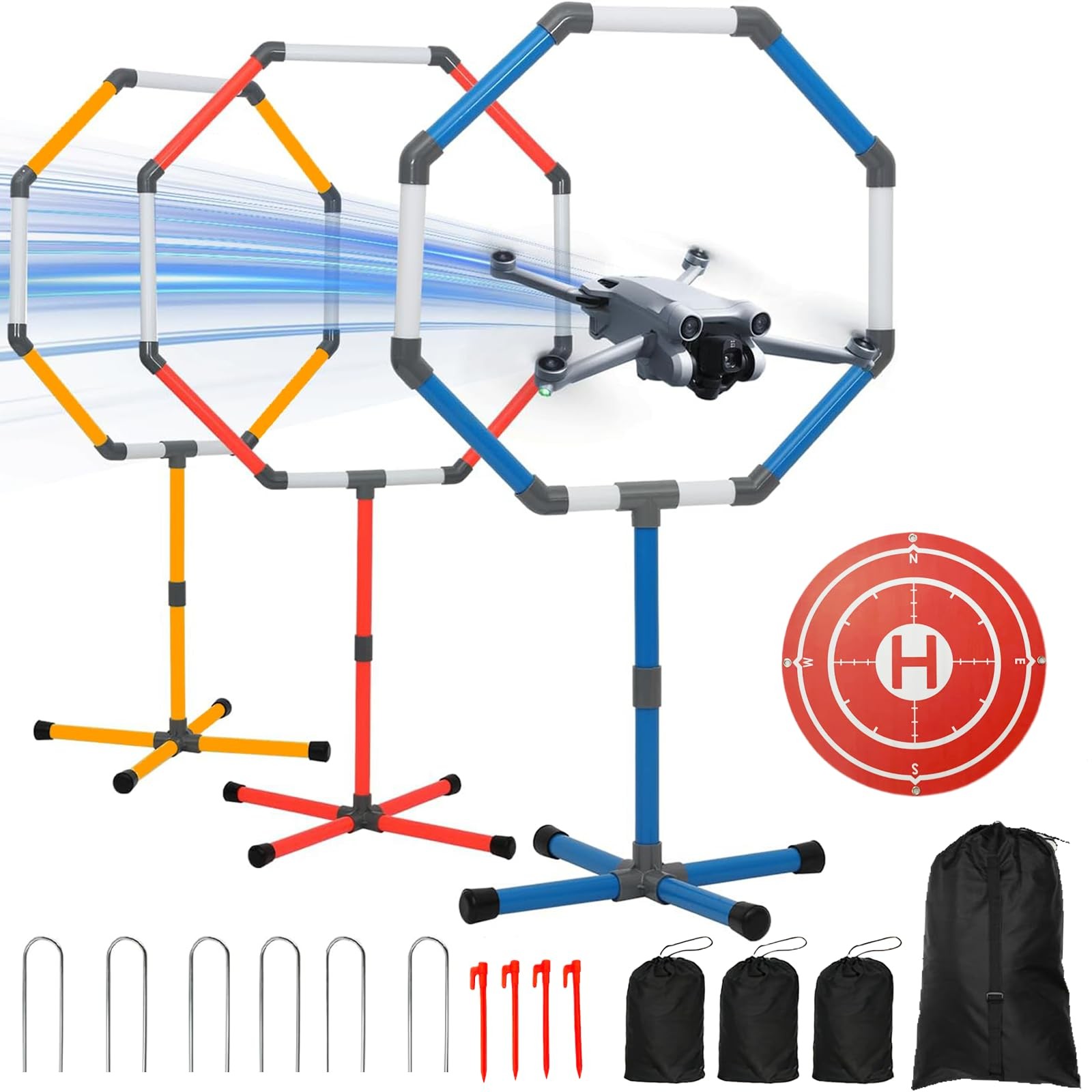 Drone Obstacle Course Kit with Landing Pad, 3-Different Hoop Sizes BLUE