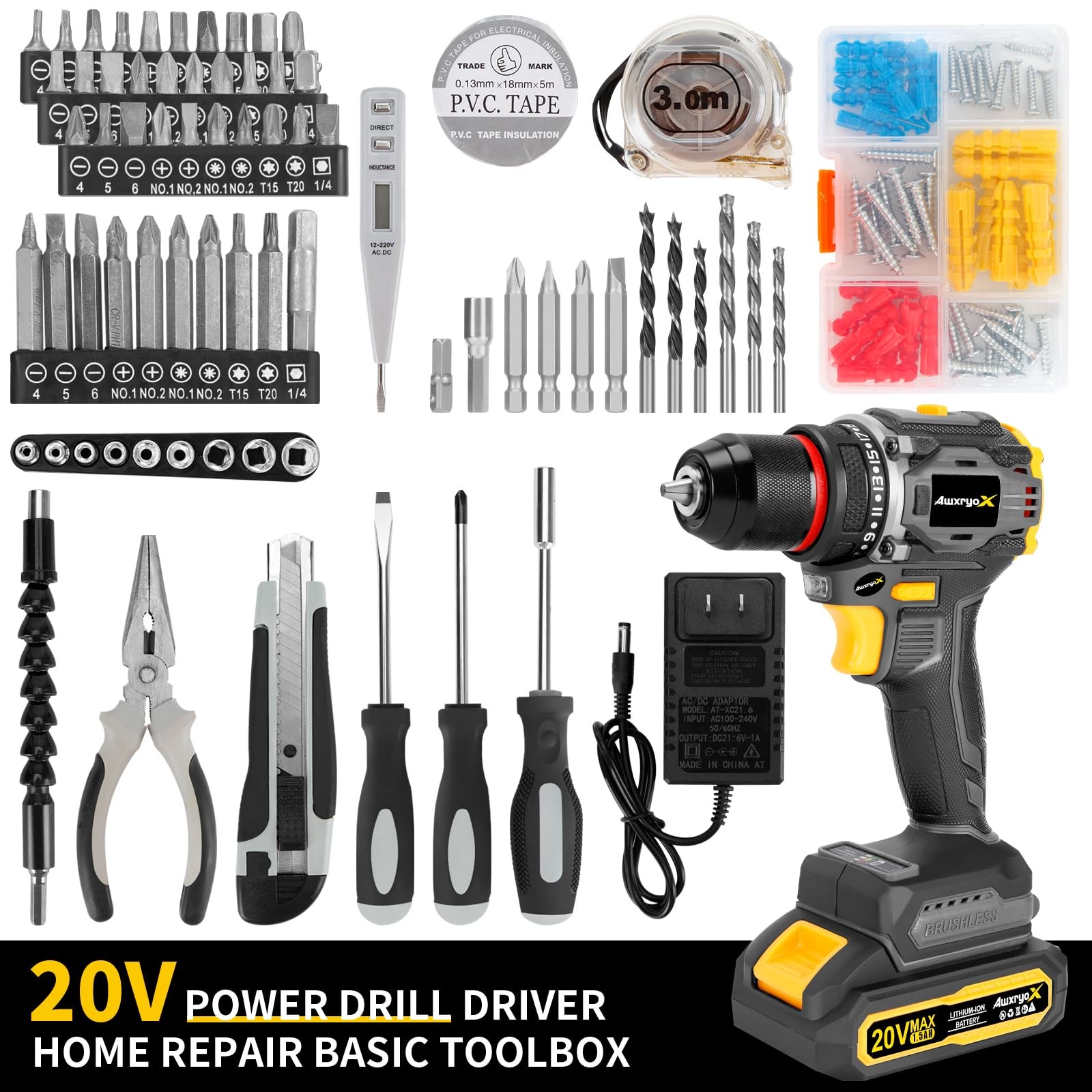 Brushless Compact Drill Tool Set 60n.m 20v Cordless Drill Tool Box With 2 Batter