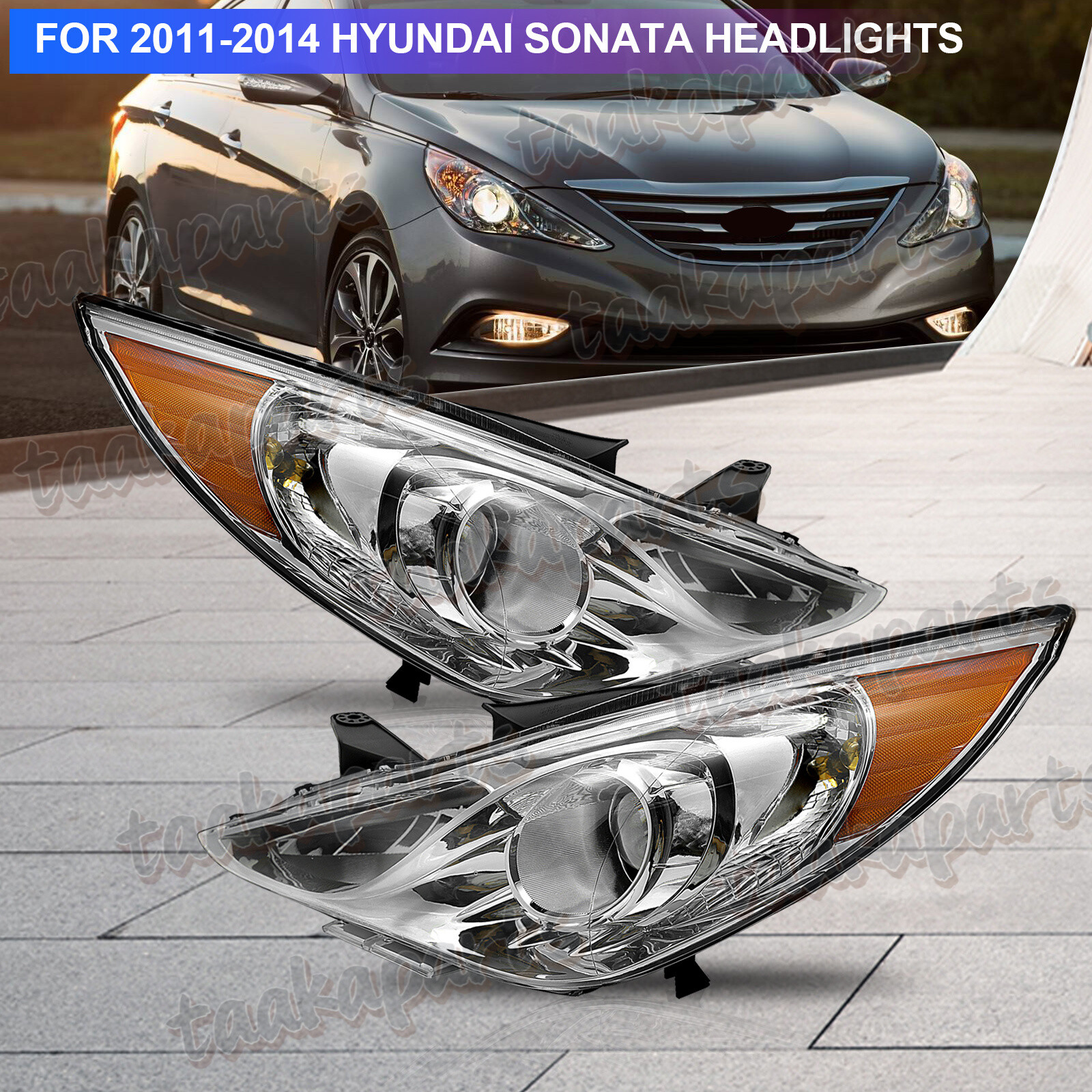 For 2011 2012 2013 2014 Hyundai Sonata New Projector Headlights Chrome Housing