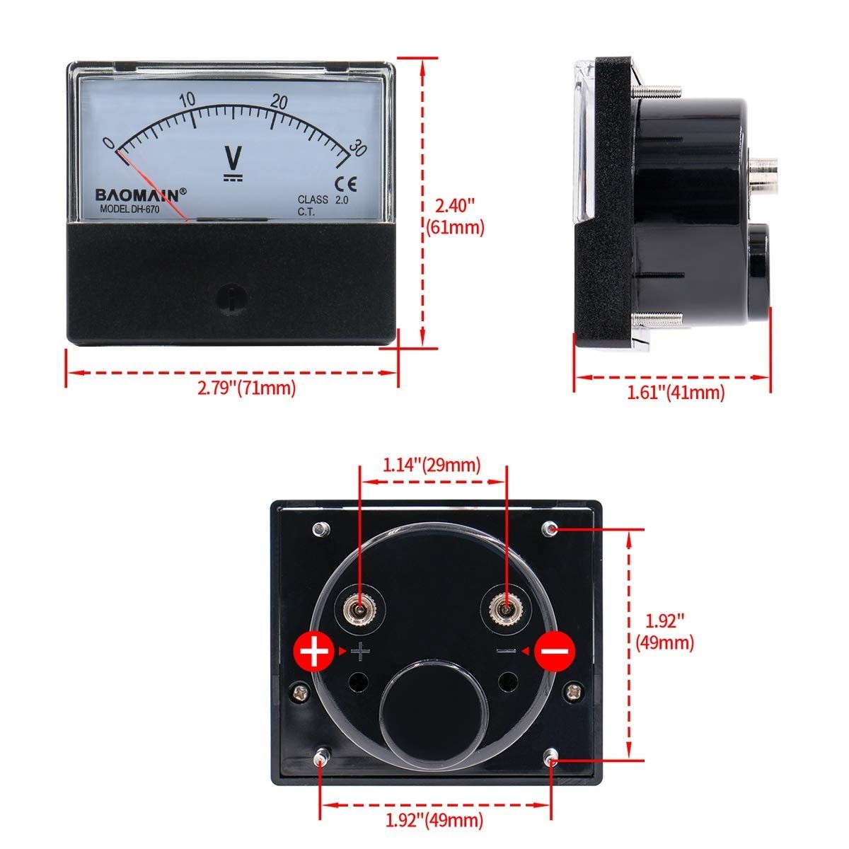 Baomain DH-670 Analog Voltmeter DC 0-30V Rectangular Panel Meter