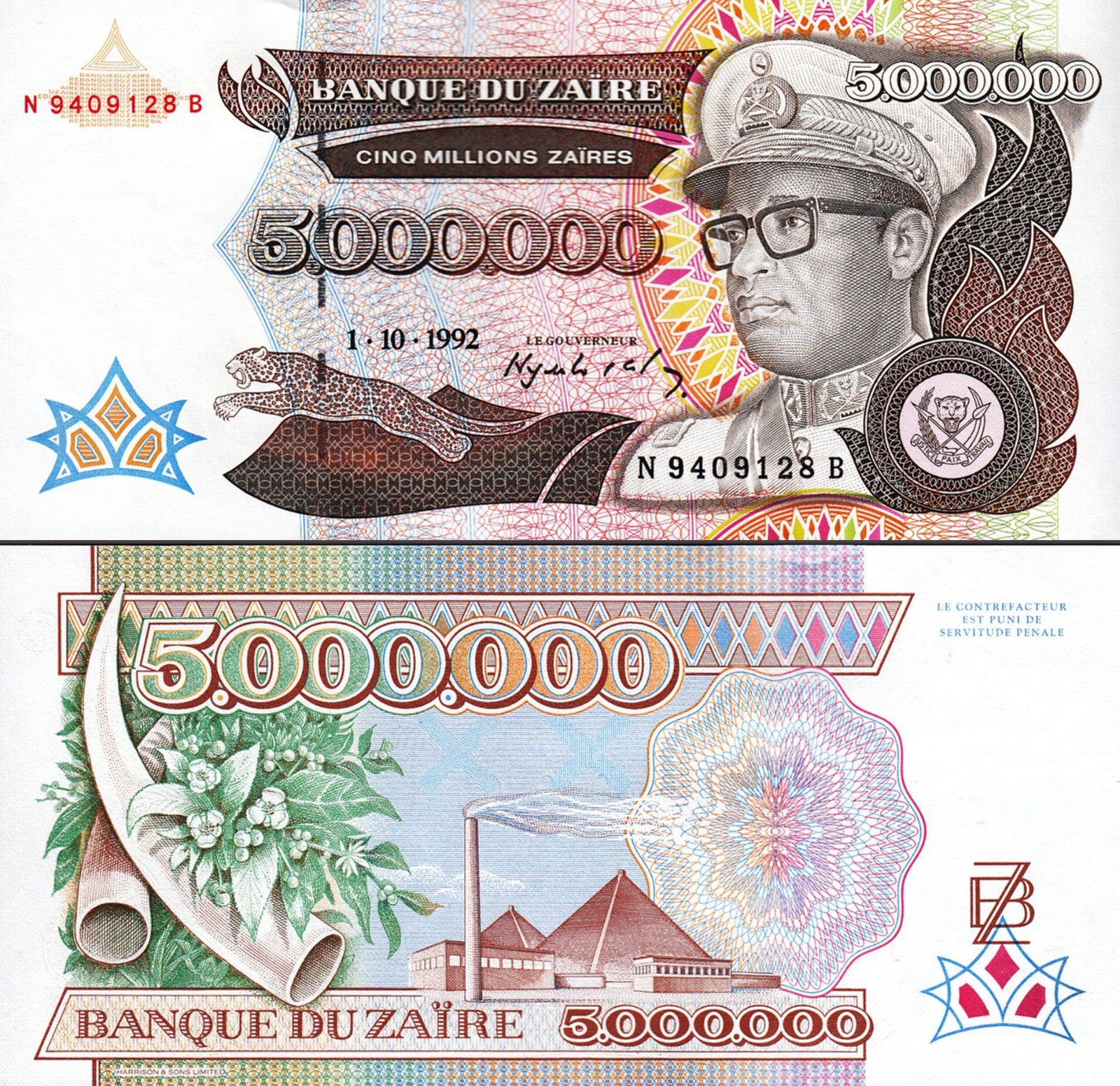 Zaire 5,000,000 5000000 5 Million Zaires 1992, UNC, P-46