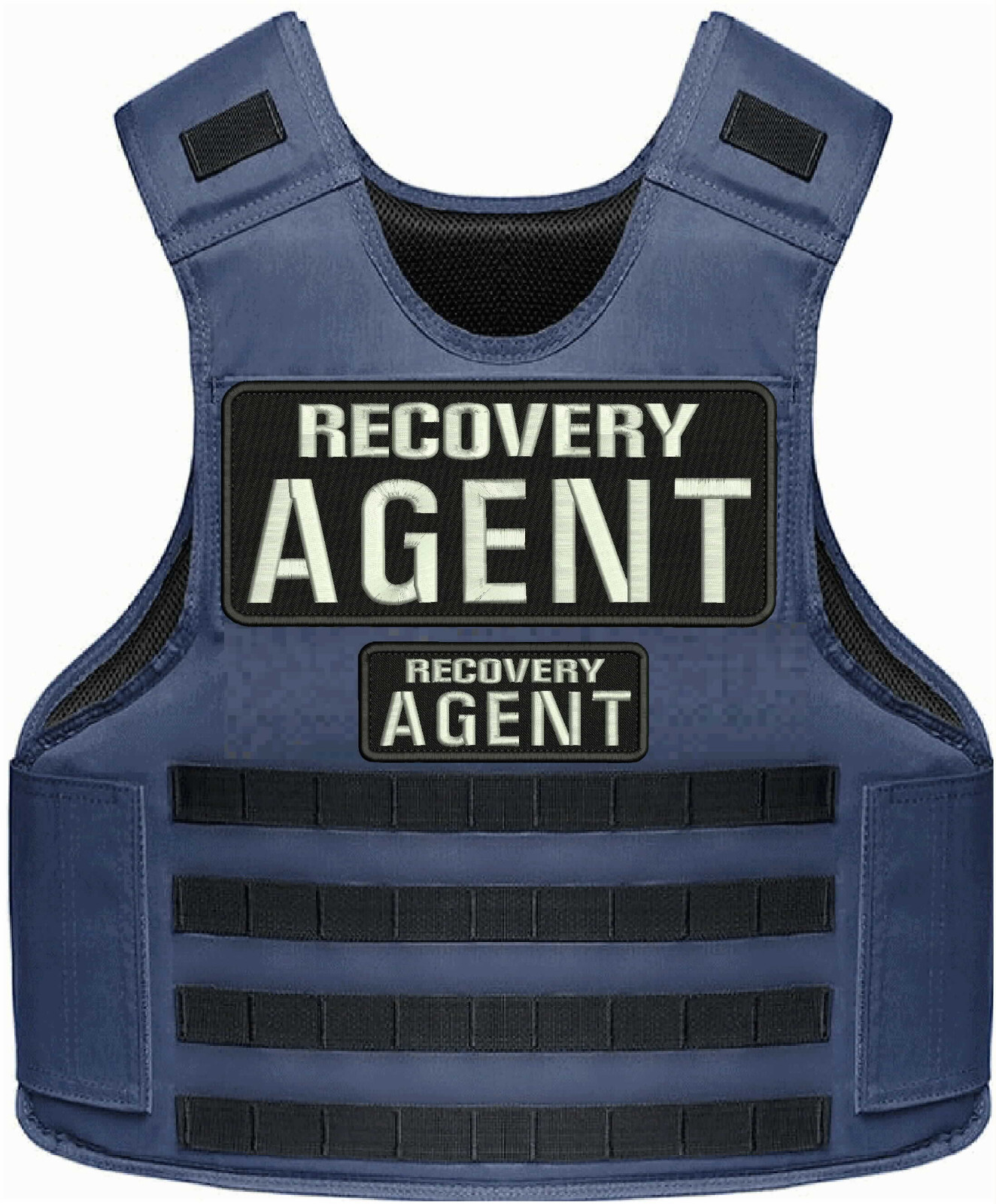 EMBROIDERY PATCHES 4X10 &2X5 VELCR@ ON BACK SILVER  ON BLACK RECOVERY AGENT