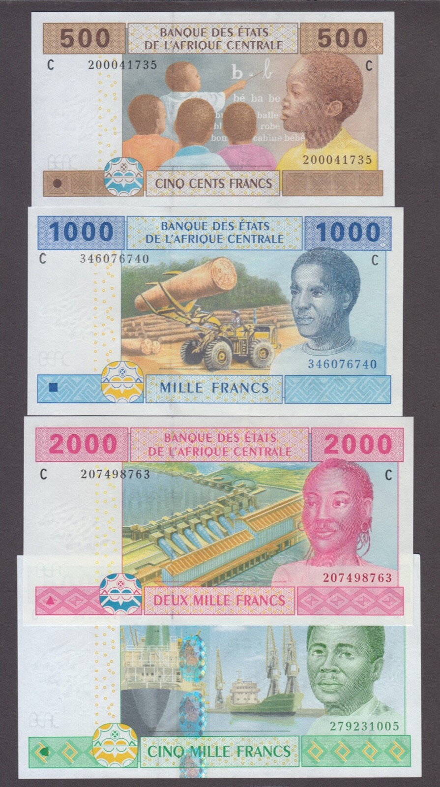 CHAD P.606-609C CENTRAL REP.STATES SHORT SET 500-1000-2000-5000 FRANCS UNC  2412