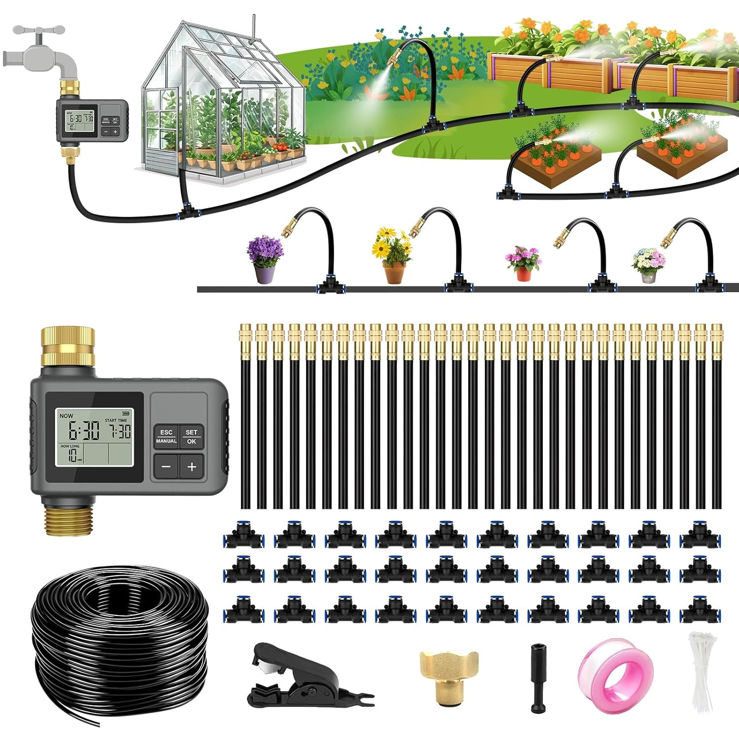 120 Ft Drip Irrigation System with Smart Water Timer – Automatic Garden Watering