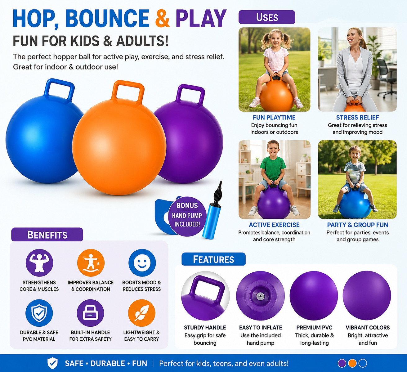 3 Pcs 29 Inch Bouncing Ball with Handle, Outdoors Hopper Jumping Hopping Ball an