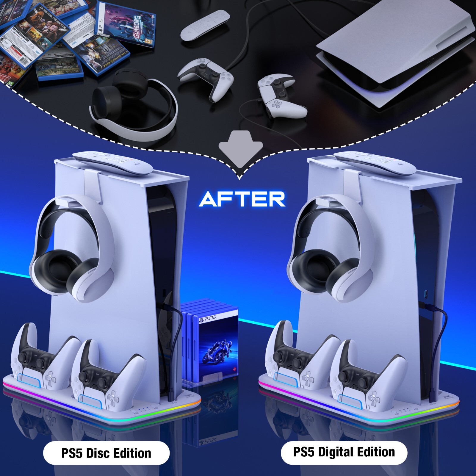 PS5 Slim Stand Cooling Station+Controller Charging Station For PS5 Digital/Disc