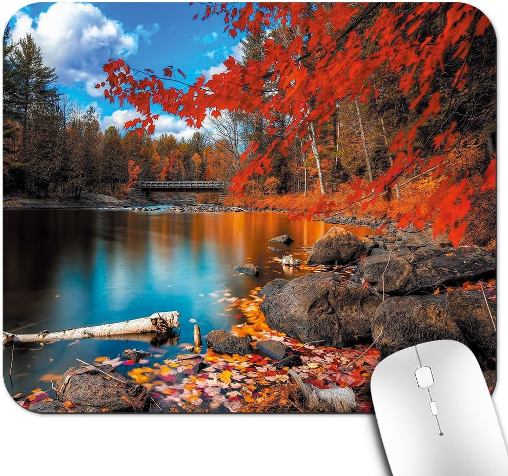 Lake Forest Fall Scene Gaming Mouse Pad Custom, Nature Autumn Trees Large Large