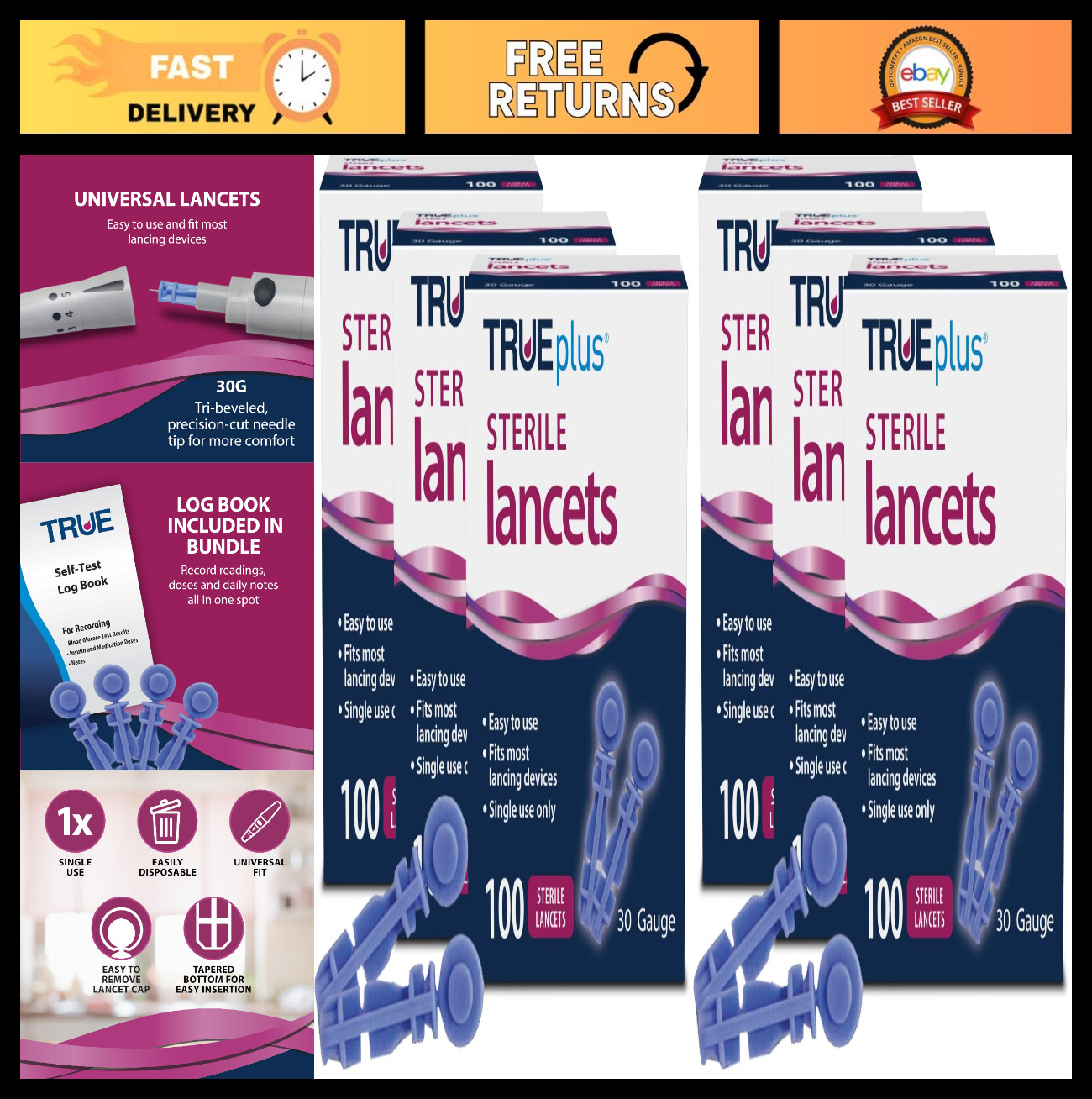 100ct 30g Lancets (3 Packs) + Log Book - Blood Glucose Testing Supplies