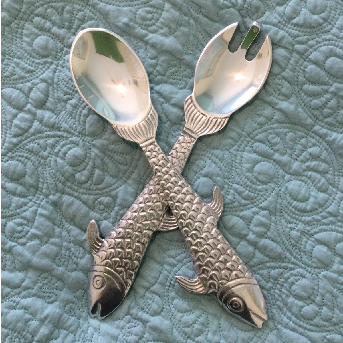 Salad Serving Utensils Fork and Spoon Sandcast Aluminum 12"