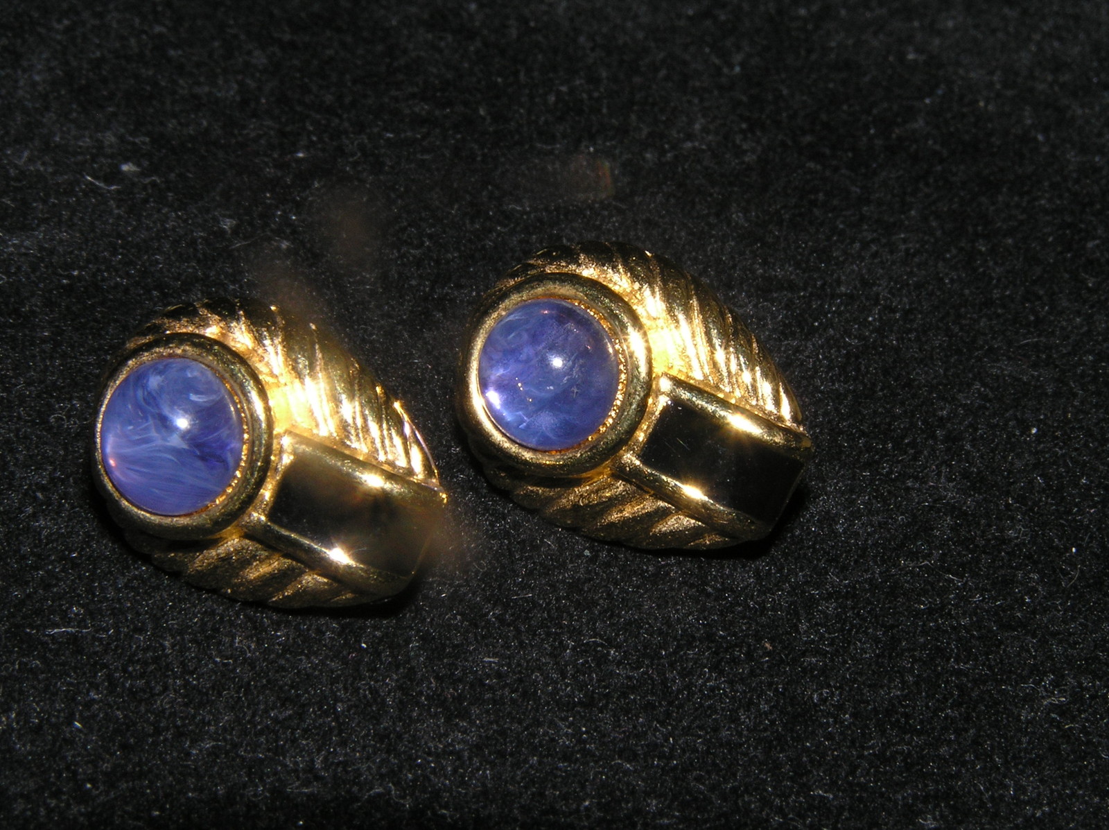 Estate Ridged Goldtone with Black Enamel Stripe & Purple Round Cabachon Post Ear