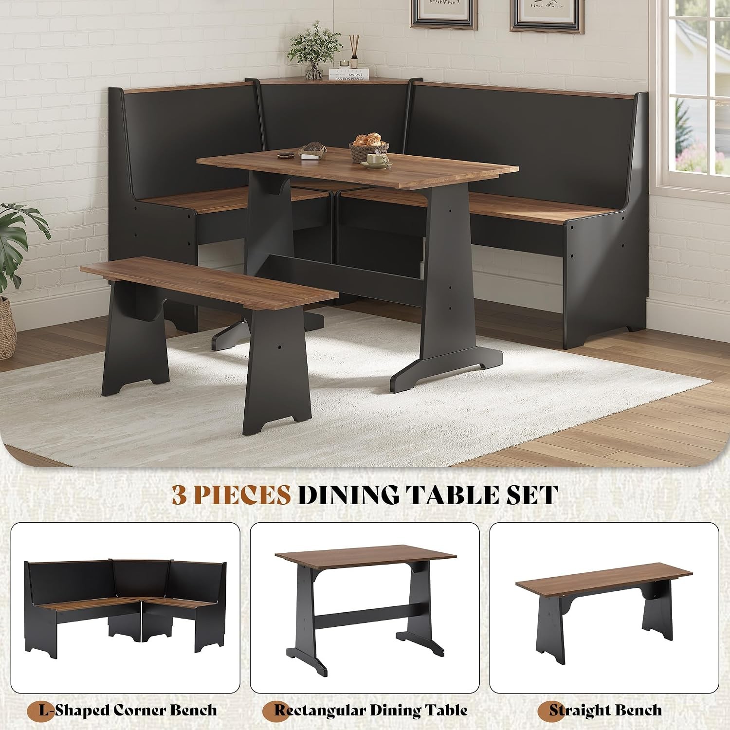 3 Pieces Corner Dining Table Set W/ Hidden Storage L-Shaped Breakfast Nook W/