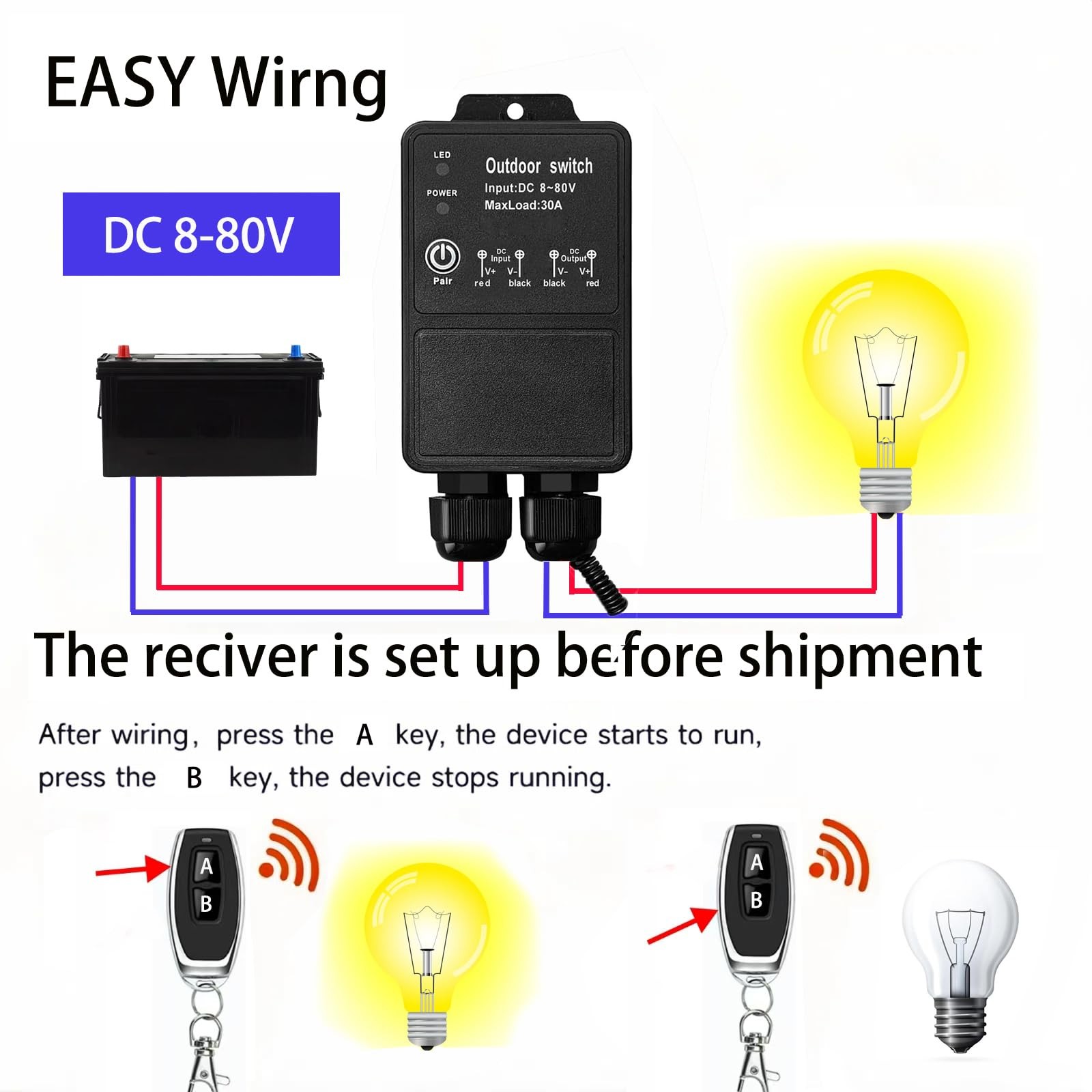 12V Remote Control Switch IP67 Waterproof DC8-80V 30A Relay 328FT Range