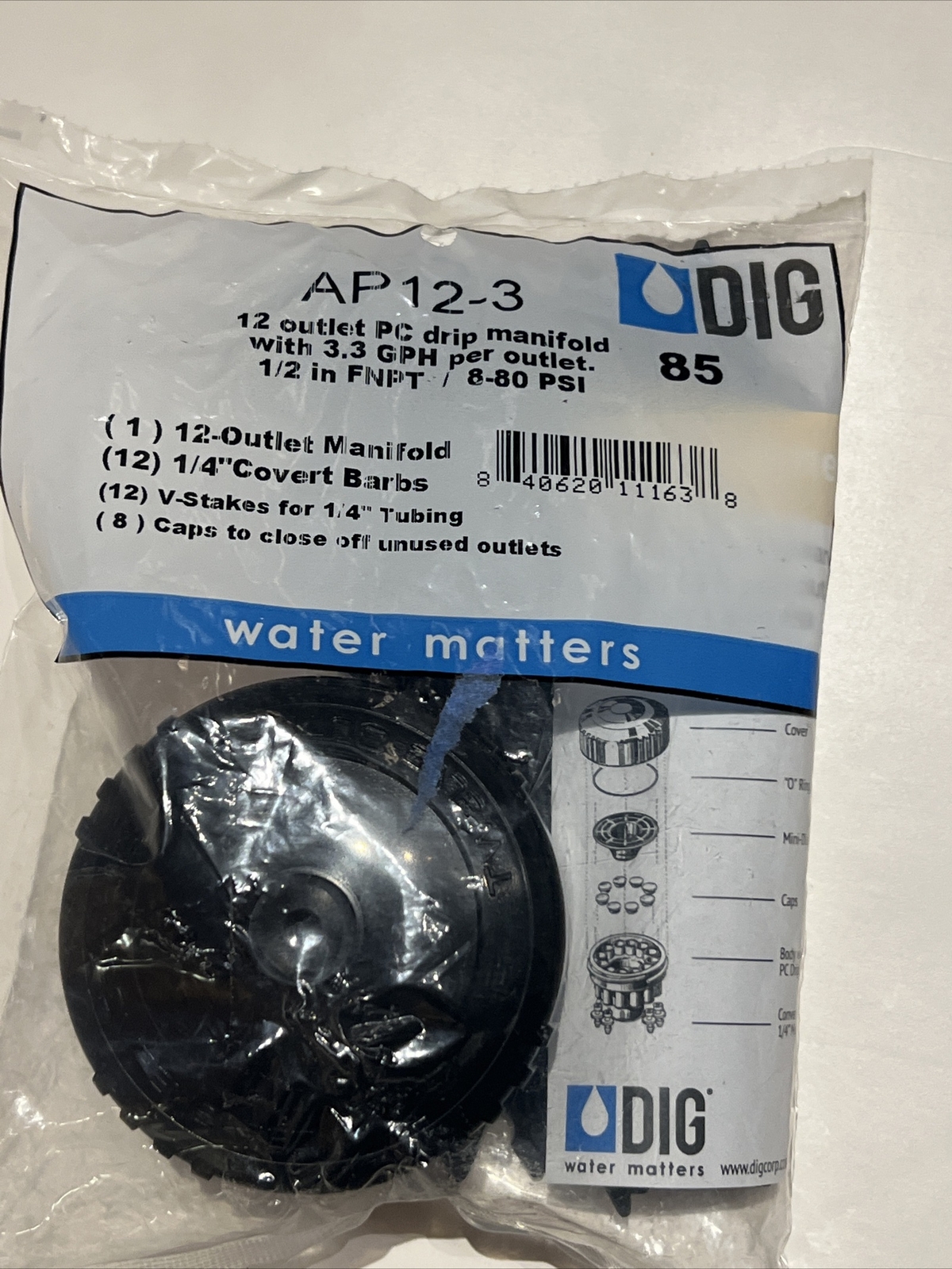 DIG AP12-3, 12 Outlet PC Drip Manifold W/3.3 GPH Per Outlet 1/2” FNPT 8-80 PSI