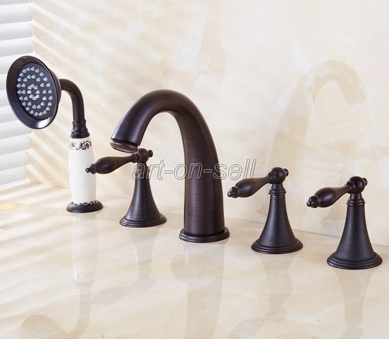 Oil Rubbed Bronze 5-Hole Bathtub Faucet Roman Tub Filler Mixer Tap W/Hand Shower
