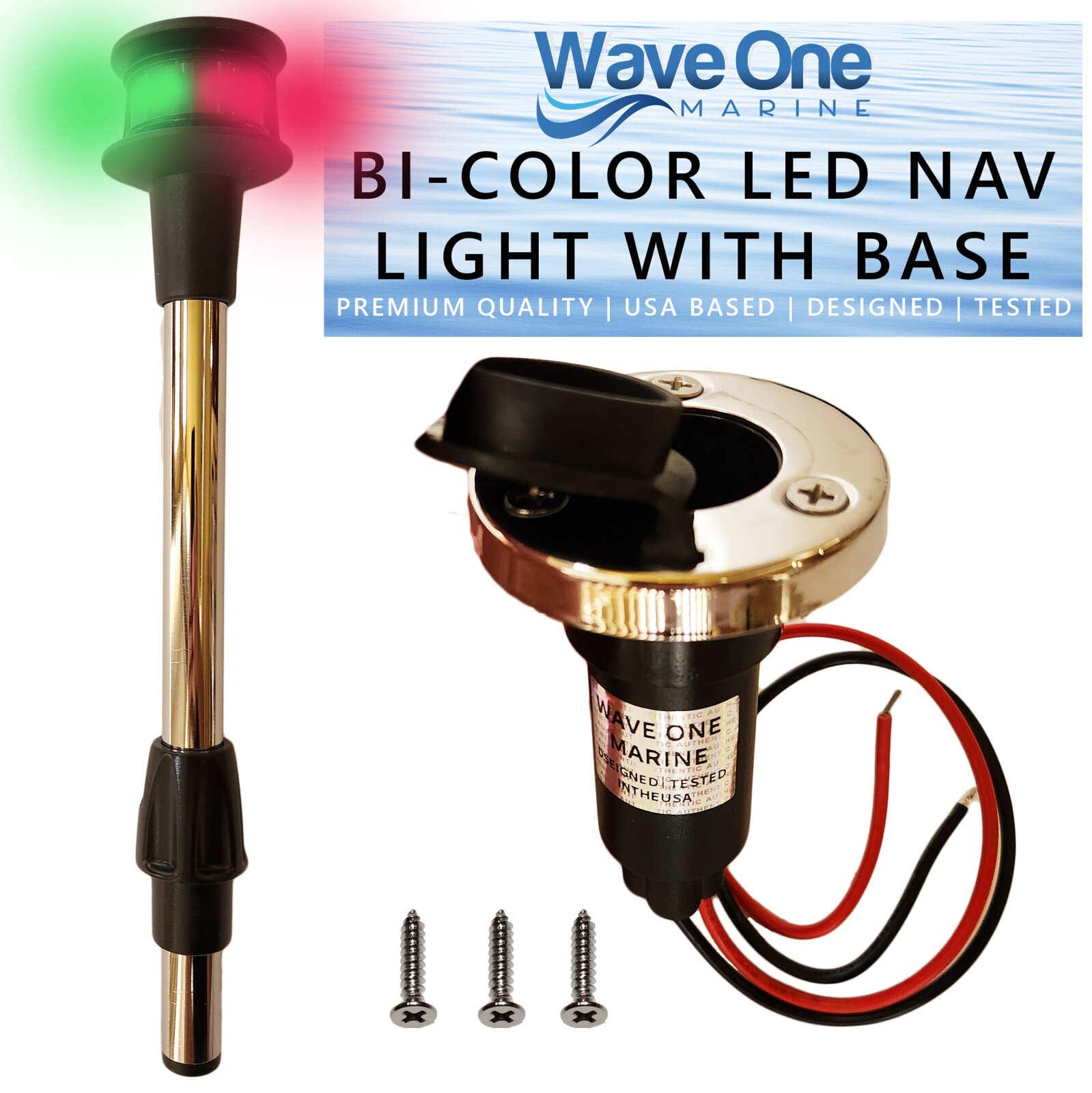 Wave One Marine | Bi-Color Removable LED Navigation Bow Light Pole + Base 12"
