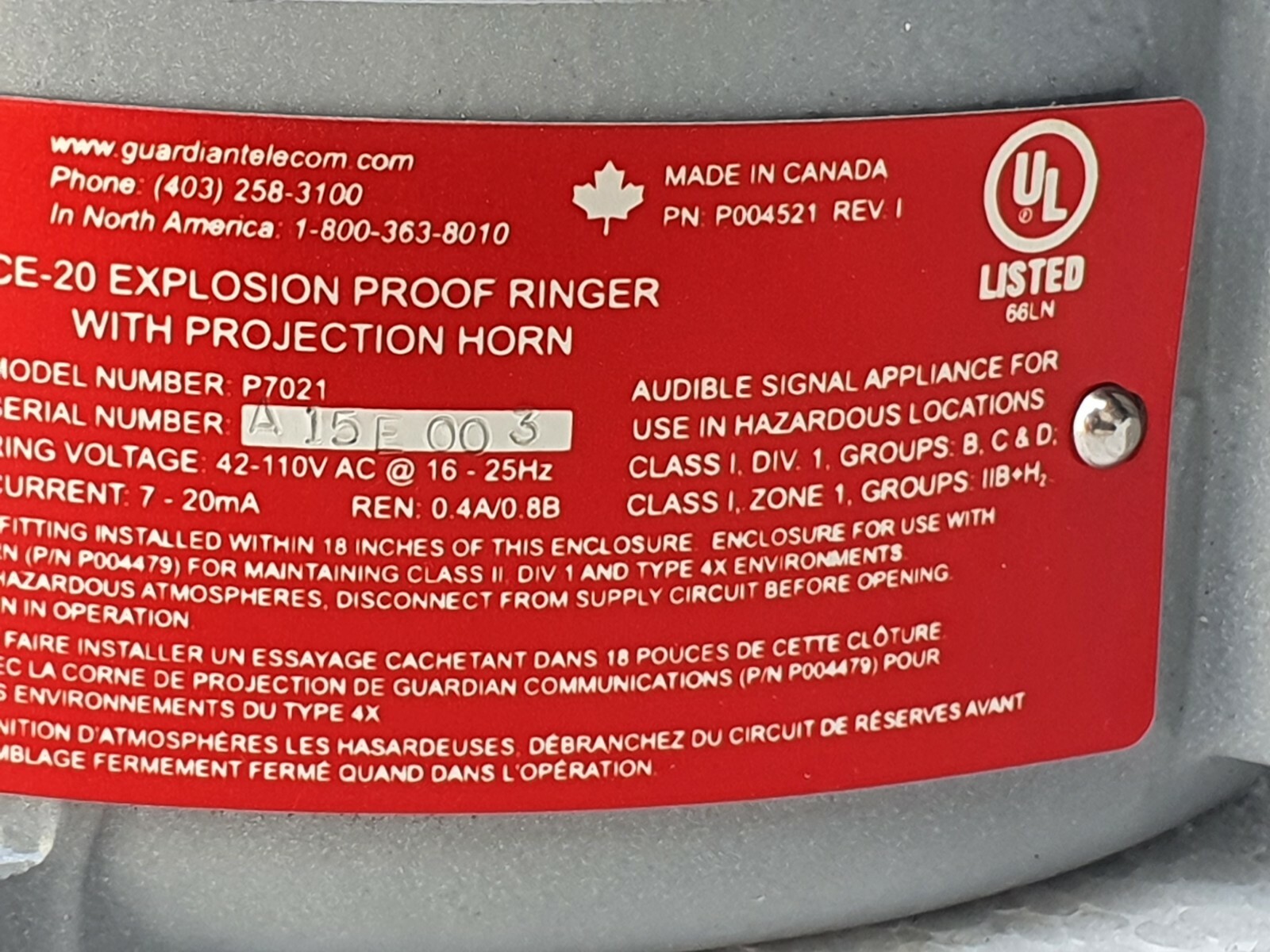 GUARDIAN P7021 CE-20 Explosion Proof Ringer Without Horn, Line Powered # NEW