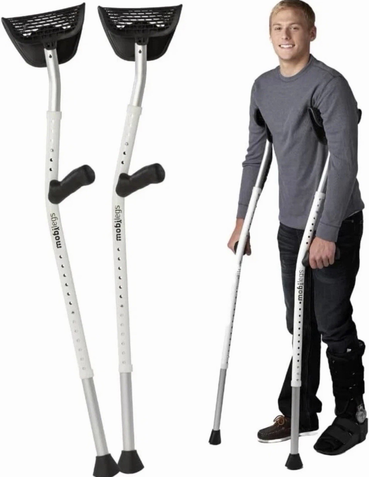 Mobilegs Ultra A300 Universal Crutches Comfortable  300lbs Max White 4'9"- 6'4"