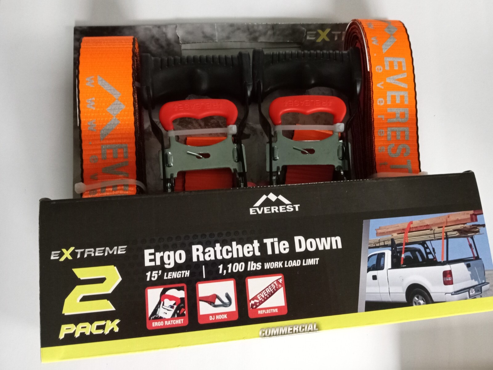 1.5" x 15' Reflective Ratchet Tie-Down Strap, 1100lbs WLL, W/ DJ-Hooks 2-Pack-WM