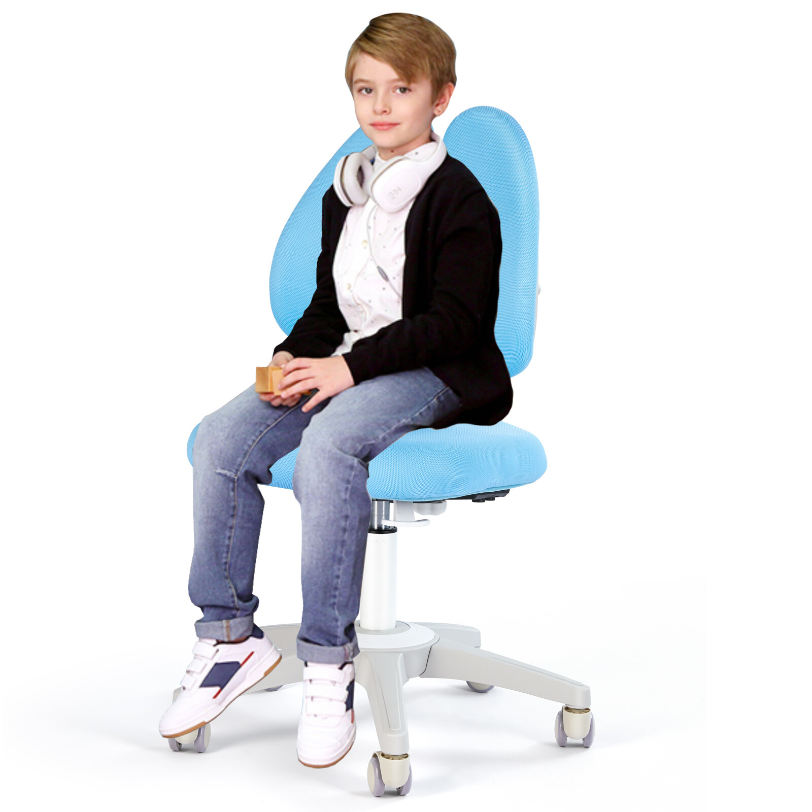 Blue Kids Study Chair Adjustable Height & Seat Depth Auto Brake Caster Boy Chair