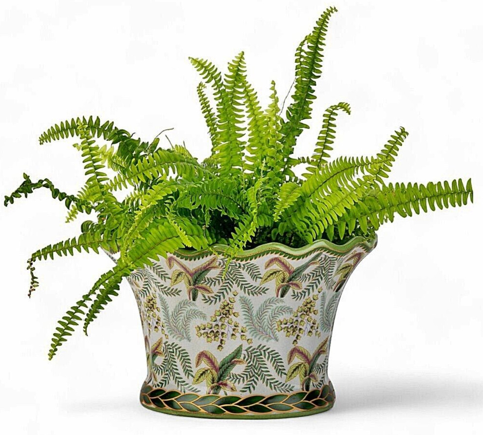 Green White, Scallop Rim Oval Porcelain Chinoiserie Planter. Hand Painted-10"L